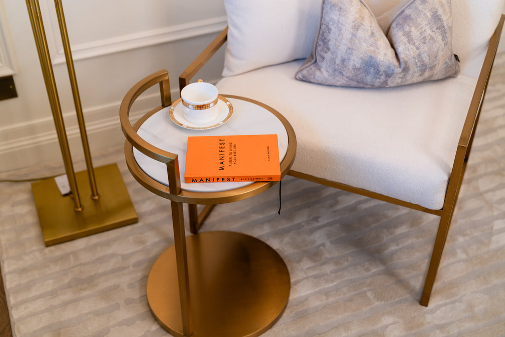 Gold stainless, Slate marble, slate marble table, gold and marble table, round table, round side table, gold and white table, furniture, fabric sofa chair