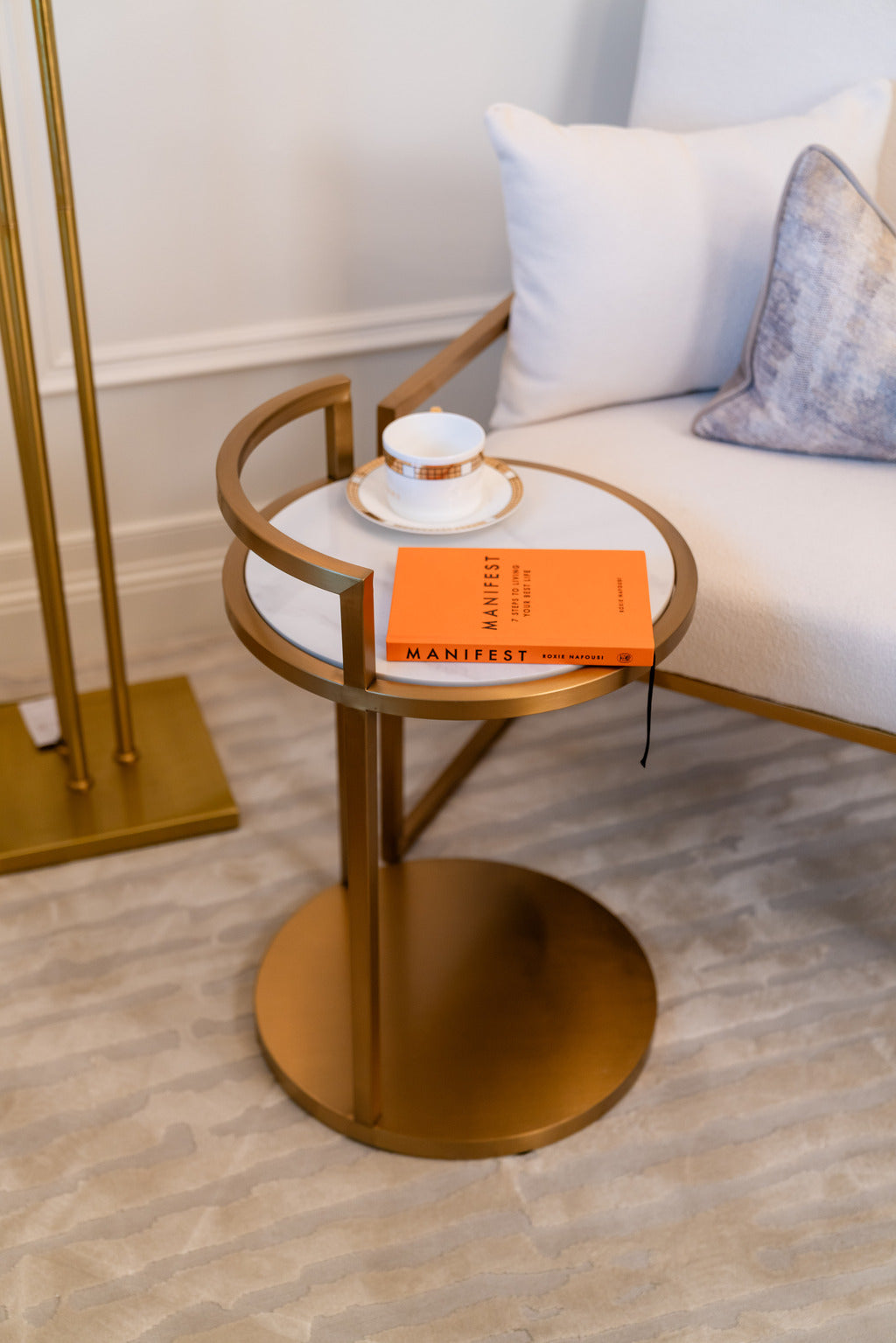 Gold stainless, Slate marble, slate marble table, gold and marble table, round table, round side table, gold and white table, furniture