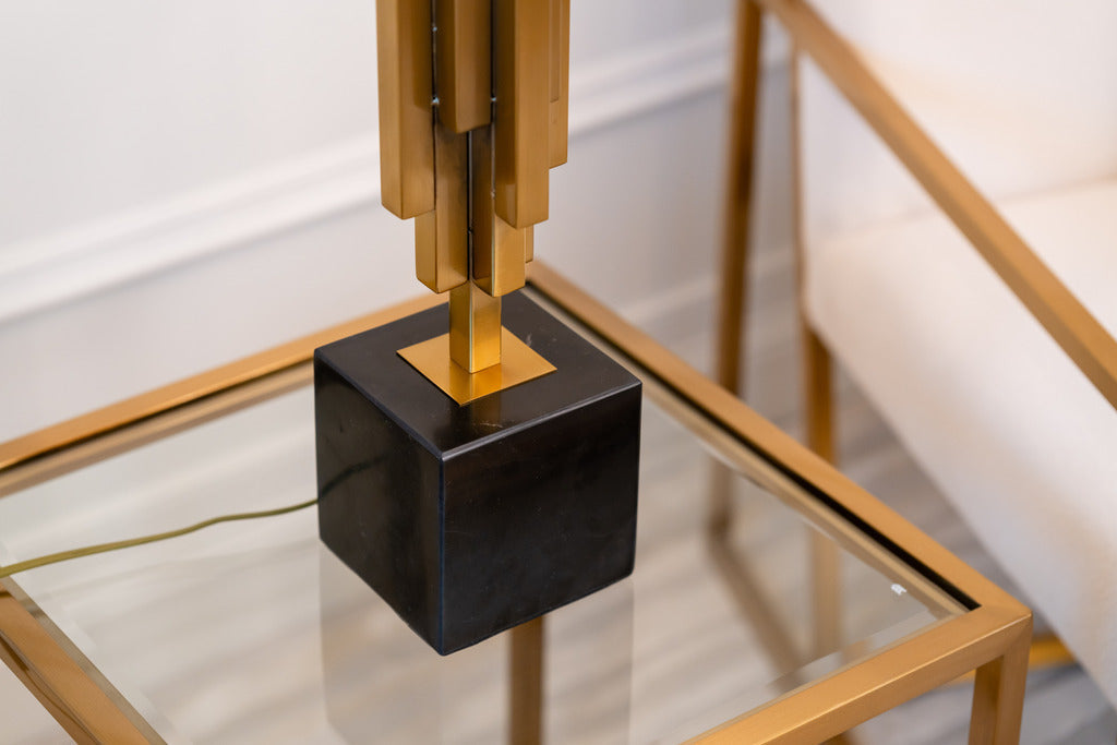 Gold lighting, gold side table, black, lamp, fancy