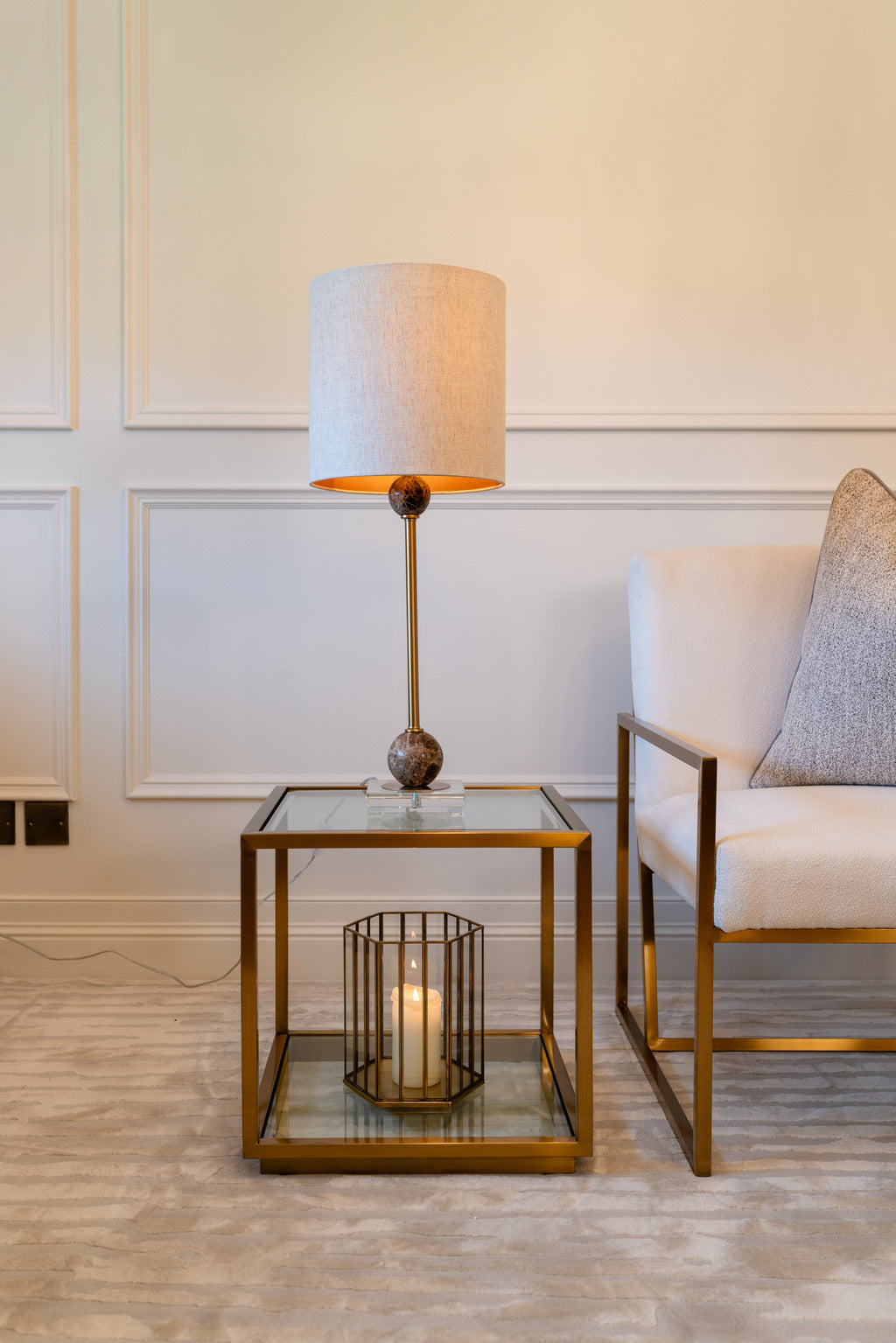 Gold lighting, gold furniture, Gold Tables, chair, Lampshade, Glass Table