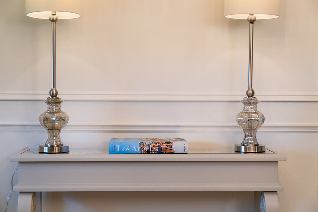 Mink console table, large console table, small console table, console, silver lamps, statement lamps, large lamps, lighting, furniture