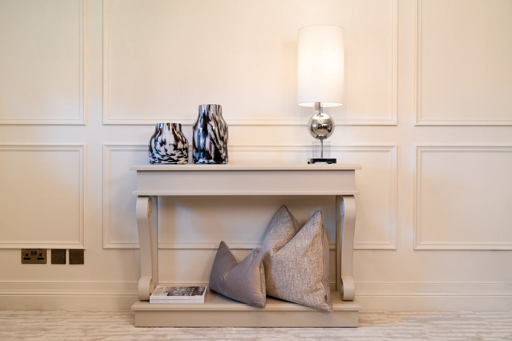 Mink console table, large console table, small console table, console, silver lamps, statement lamps, large lamps, lighting, furniture