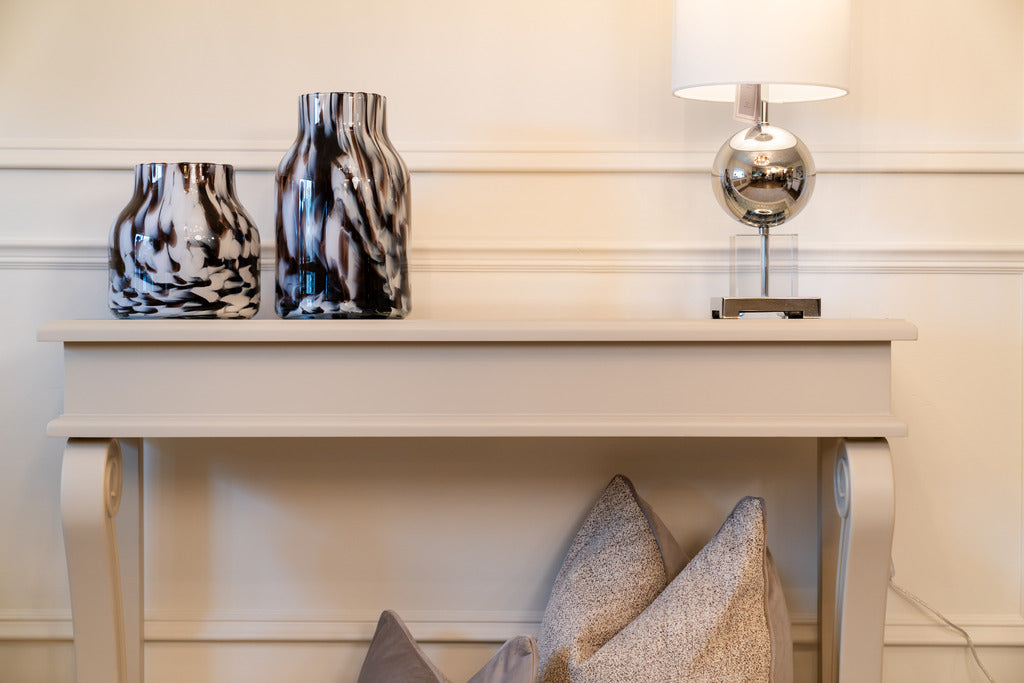 Mink console table, large console table, small console table, console, silver lamps, statement lamps, large lamps, lighting, furniture