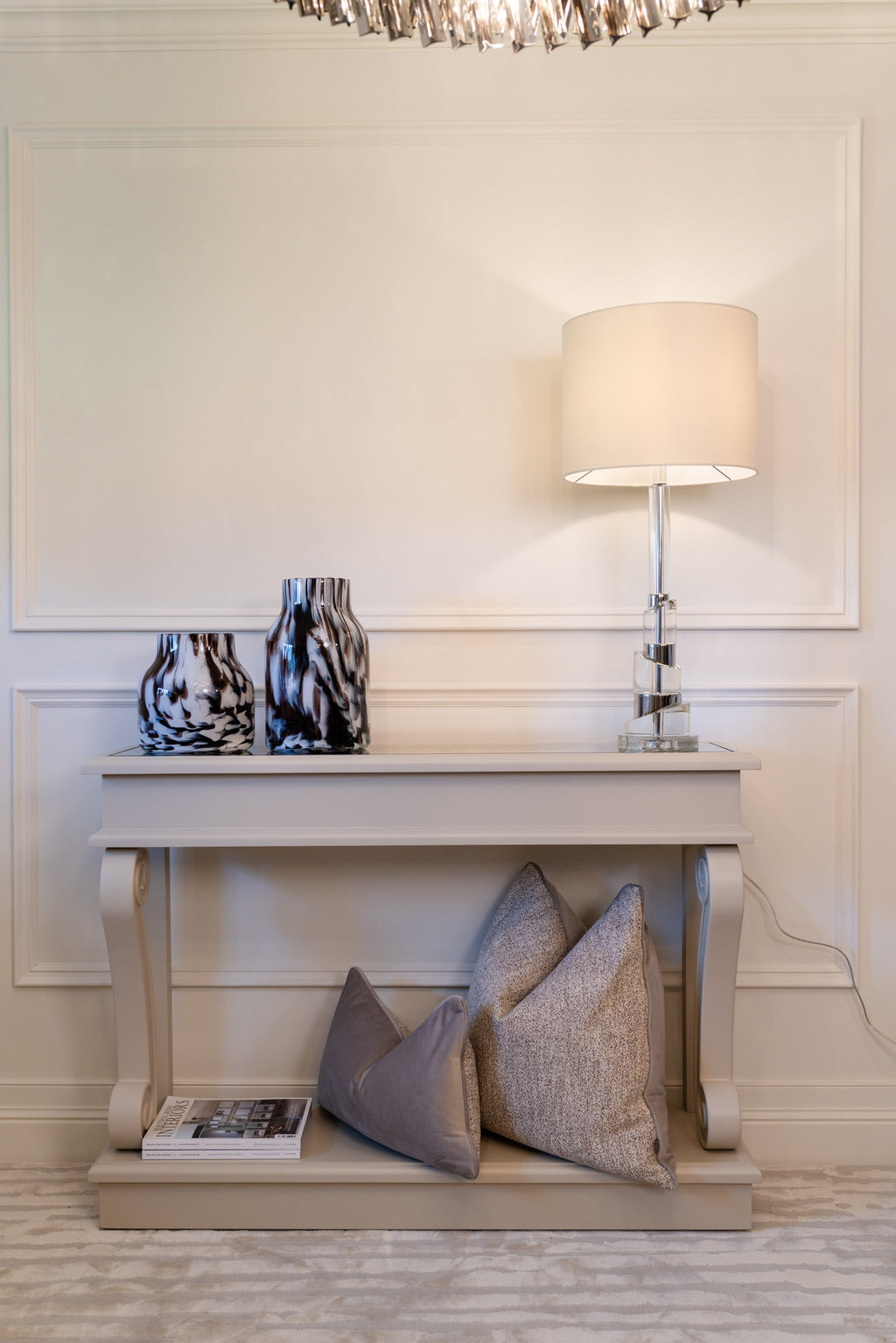 Silver lamps, Stainless silver, glass lamps, Silver and glass lamps, White Lampshade, Lights, decor, Mink console table, Interior design