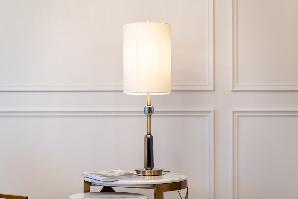 gold lamp, white lampshade, Gold and White lamp, Lighting, Lamps
