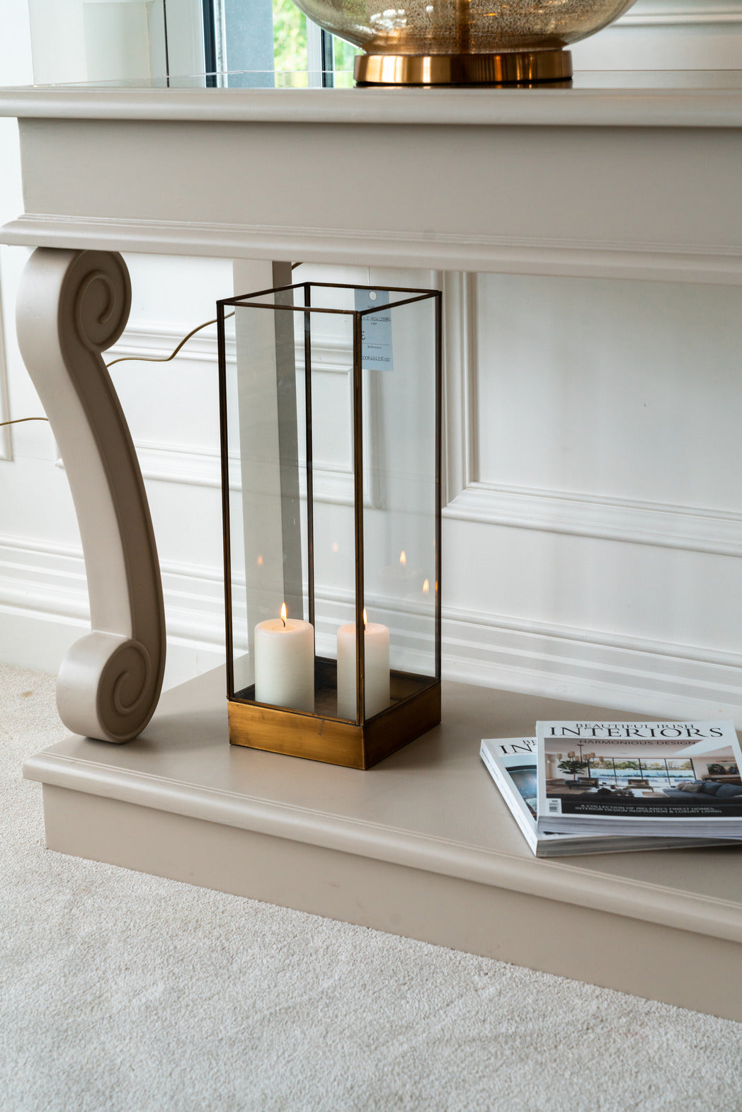 Gold lamps, mink console table, large mink table, table, console, interior, modern furniture, Furniture