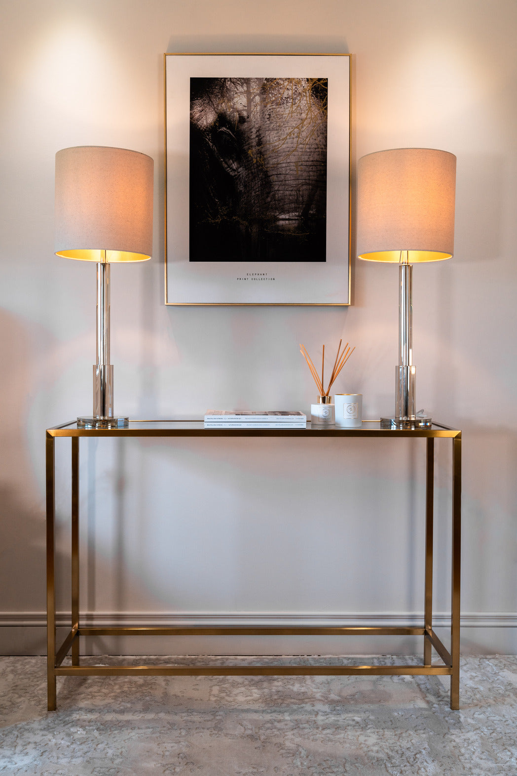 Clear glass, gold beveled edging, gold console table, Console table, gold table, Interior design, Furniture, Decor