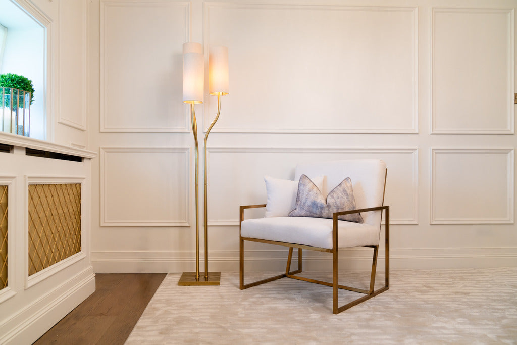 Tall floor lamp, Floor lamp, gold chair, Interiors, decor, Pink lampshades, GOLD