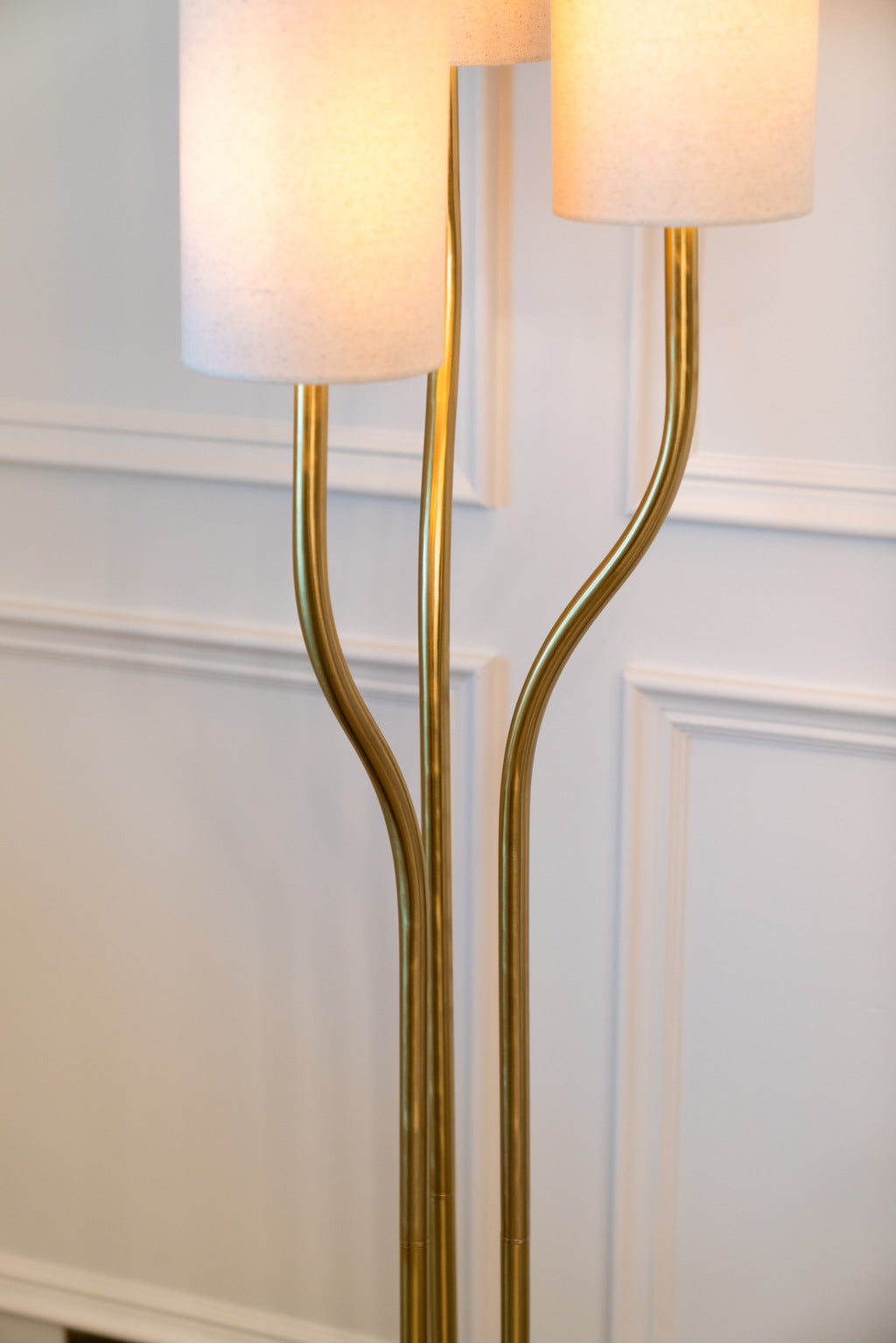 Tall floor lamp, Floor lamp, gold chair, Interiors, decor, Pink lampshades, GOLD