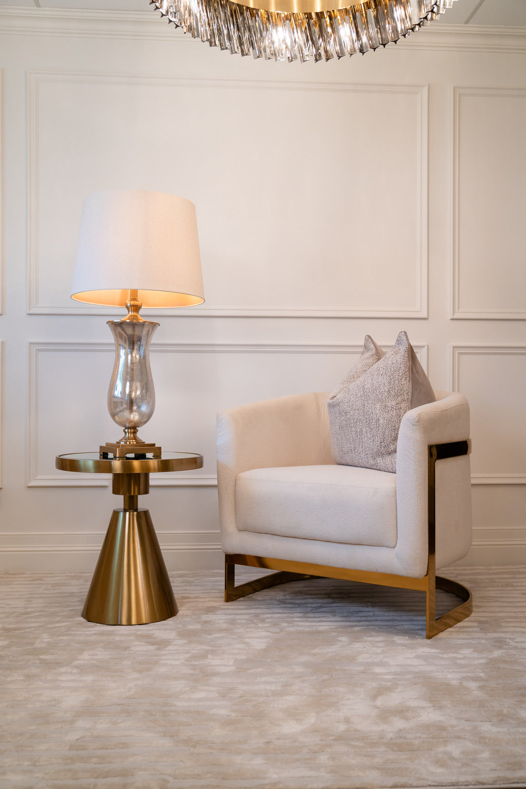 Gold table, Table lamp, Lighting, Gold lightng, gold furniture, pink lampshade, Silver and gold