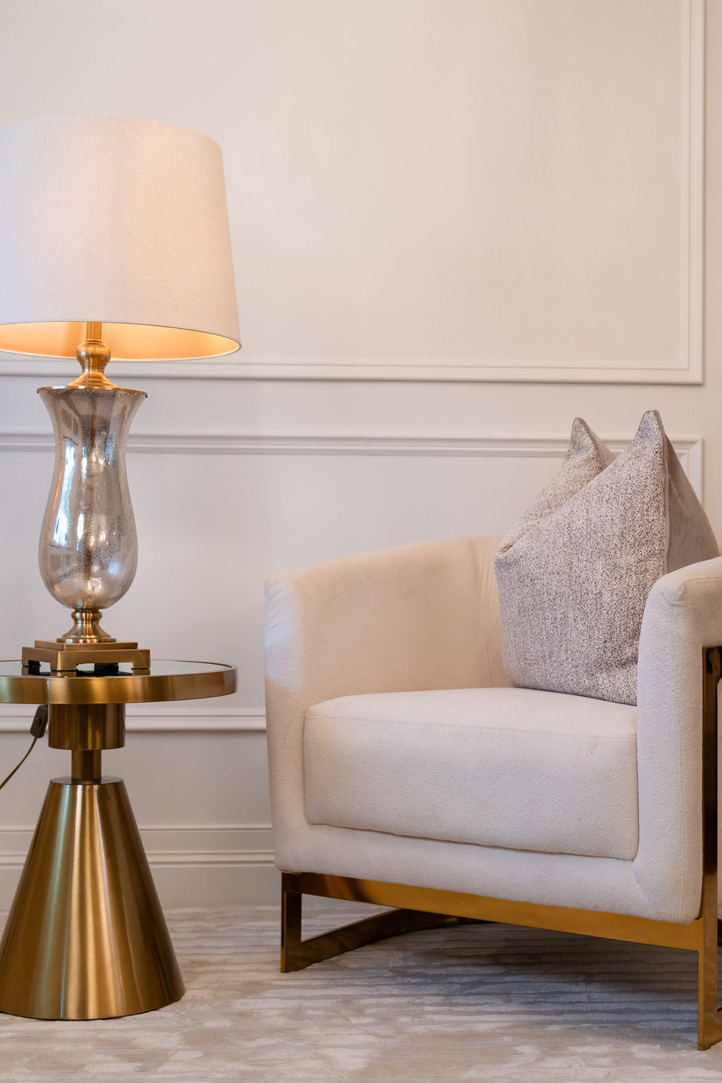 Gold table, Table lamp, Lighting, Gold lightng, gold furniture, pink lampshade, Silver and gold