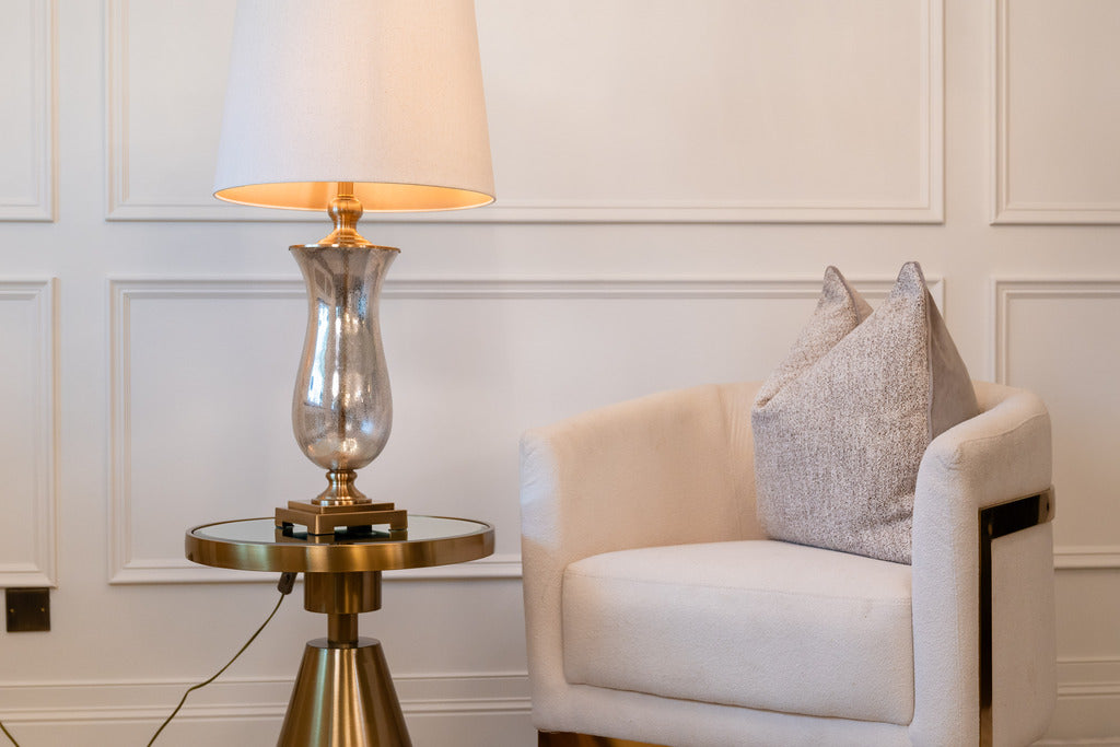 Gold table, Table lamp, Lighting, Gold lighting, Gold furniture, Pink lampshade, Silver and gold