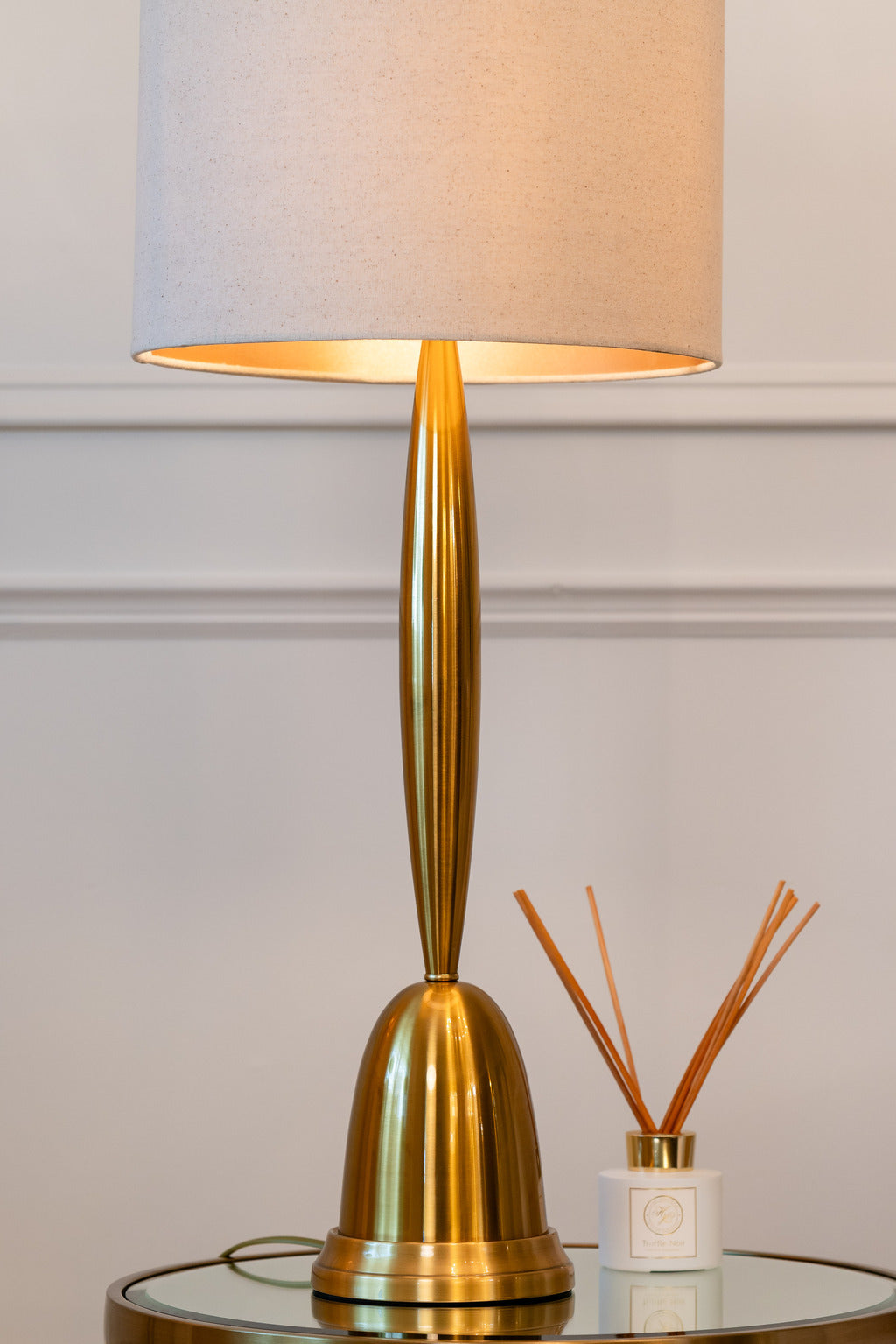 Gold table lamp, gold lamp, clear mirrored table, Gold furniture, furniture, lighting, blush lampshade