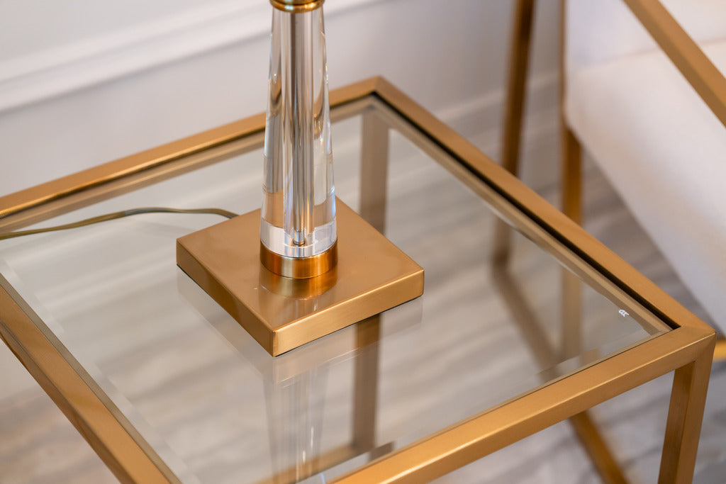 Gold and glass table, Glass side table, glass and gold lamps, Gold, Gold furniture, Interiors, ,Decor