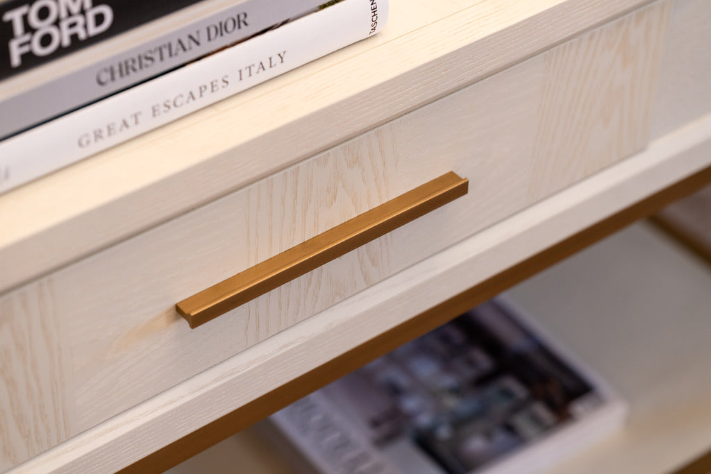 Gold handles, white furniture, white console, console table, 1 drawer