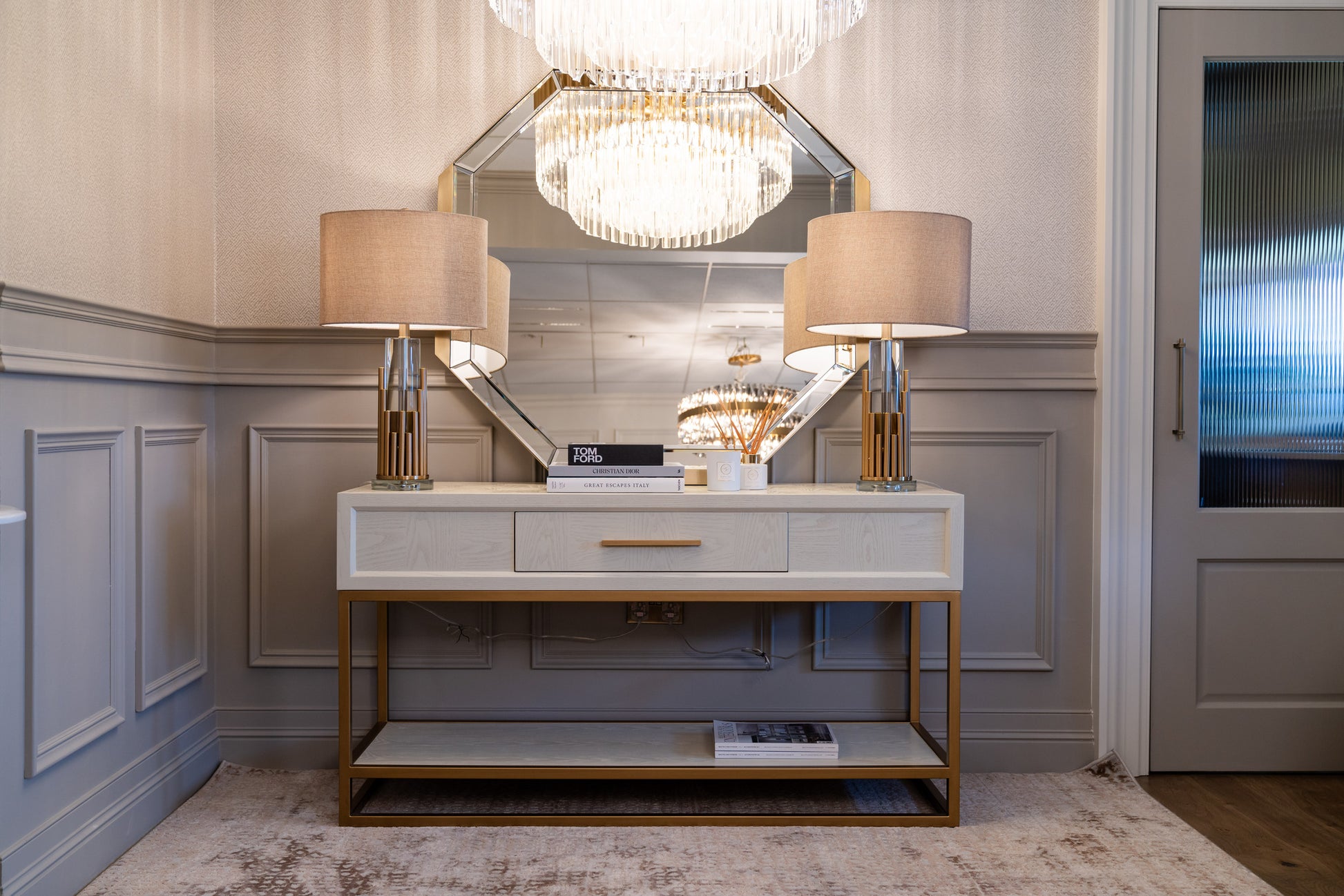 White console table, White and gold console table, gold tables, gold stainless steel, lamps, gold lamps, One drawer console table