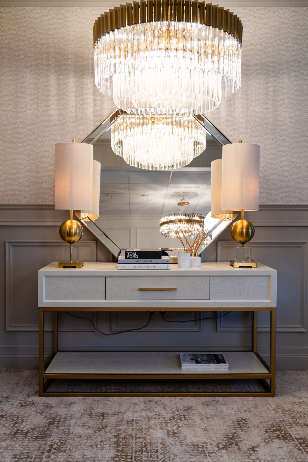Gold and crystal lamps, large lampshades, white console table, 1 dcrawer console, gold and white, larg e