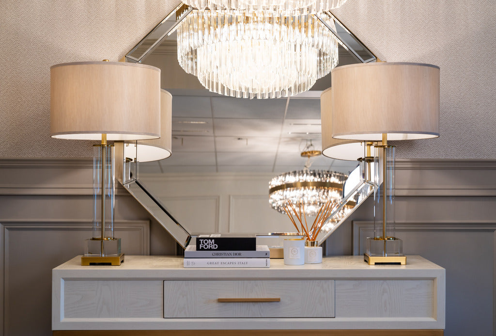 gold and crystal lamp, table lamps, console table, 1 drawer console table, white and gold, gold handles