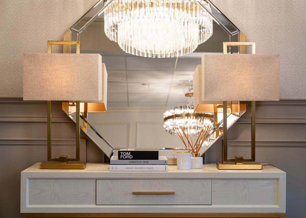 Gold lamps, lighting, pink lampshade, statement lamps