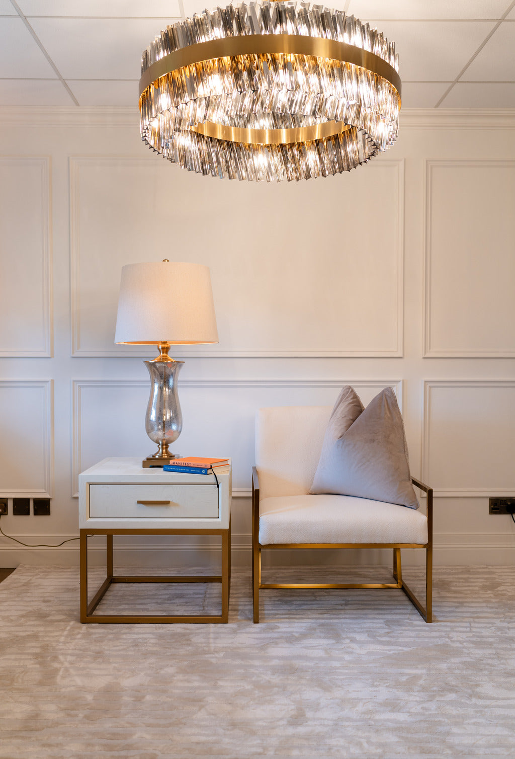 White and gold furniture, gold, gold table, side table, one drawer table