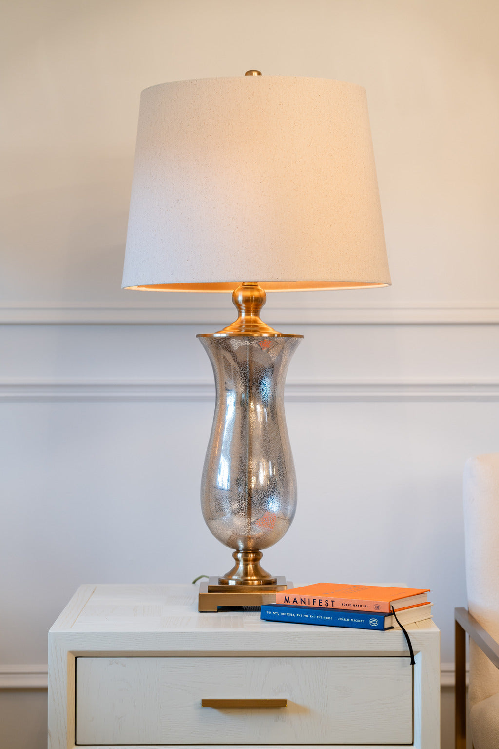 gold handles, white table, side table, table lamp, fancy lighting, Furniture