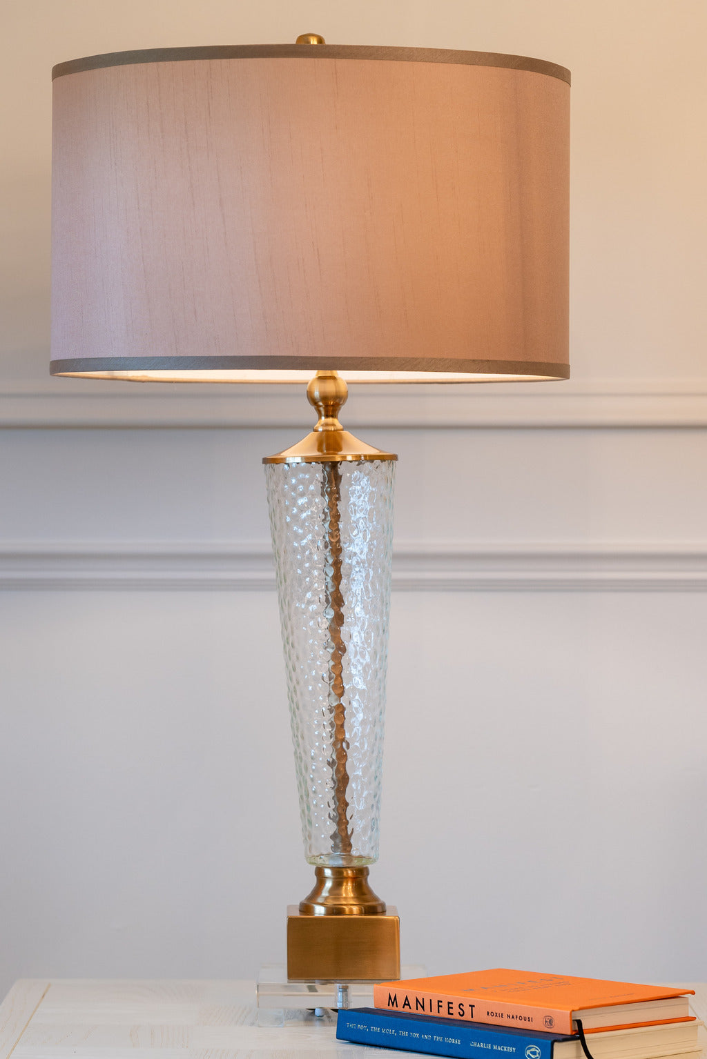 Glass lamp, gold lamp, Table lamp, glass and gold lamp, pink lampshade