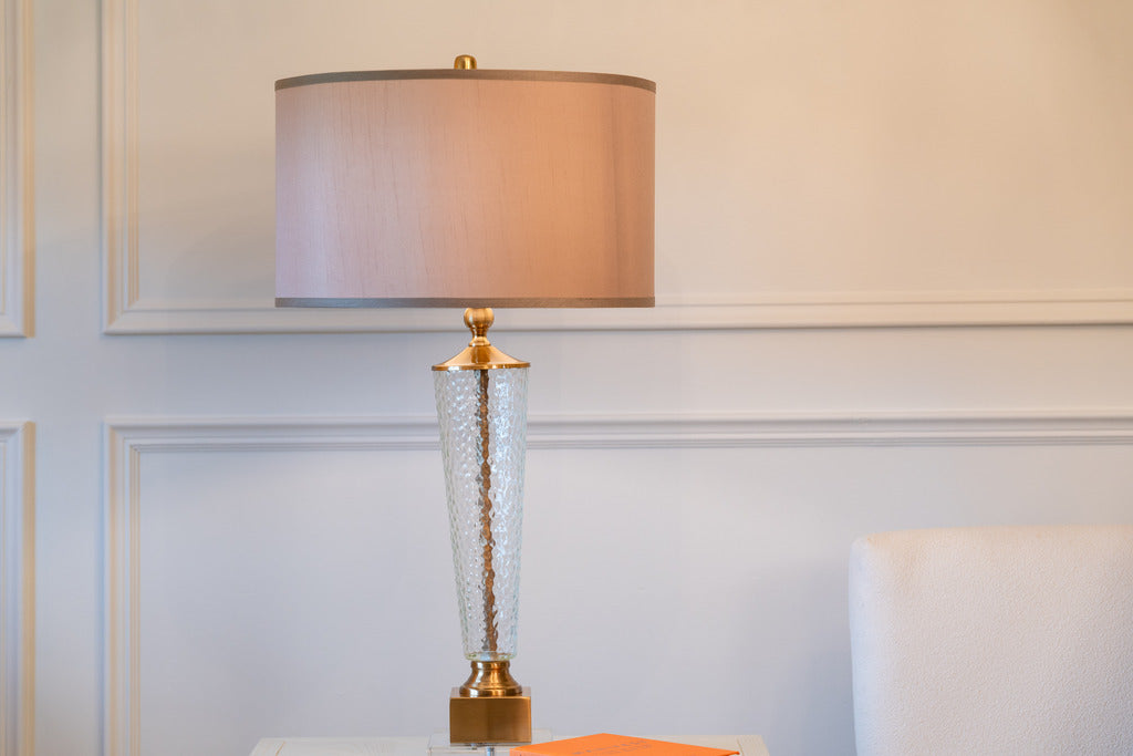 Glass lamp, gold lamp, Table lamp, glass and gold lamp, pink lampshade, Decor
