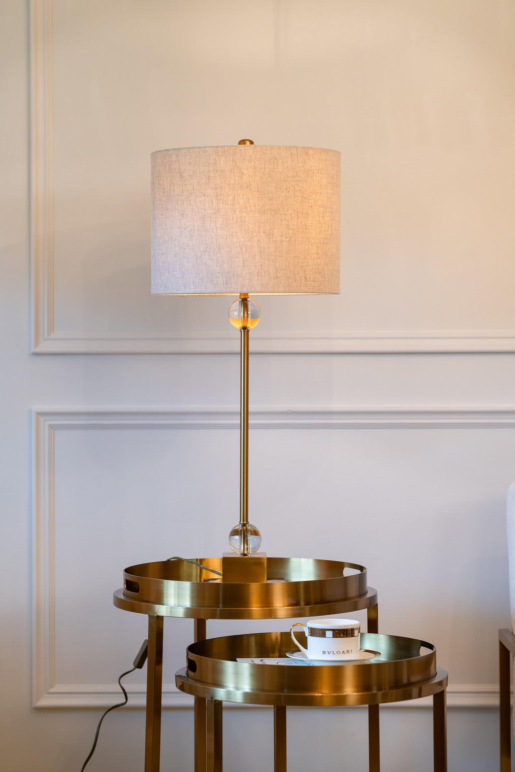 Gold stainless, temperred glass, glass tables, glass side tables, table lamp, crystal lamp