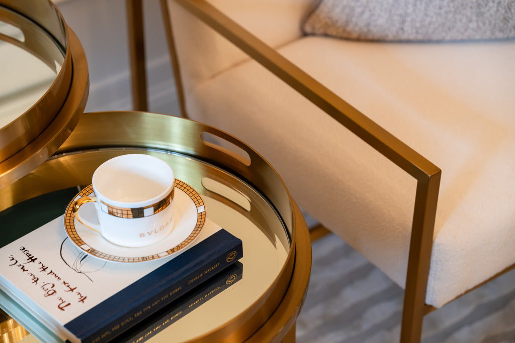 gold stainless, glass table, table set