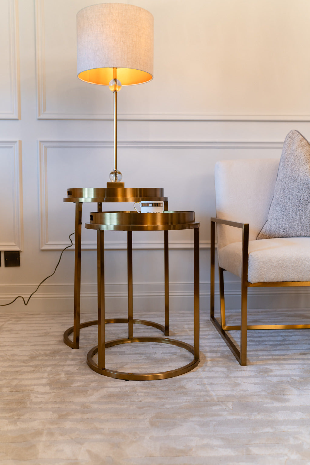 gold stainless, glass table, table set, lamps, LIGHTING, interior design