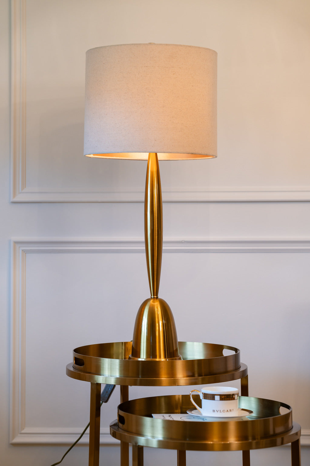 Side table set, gold, gold lamp, gold tables
