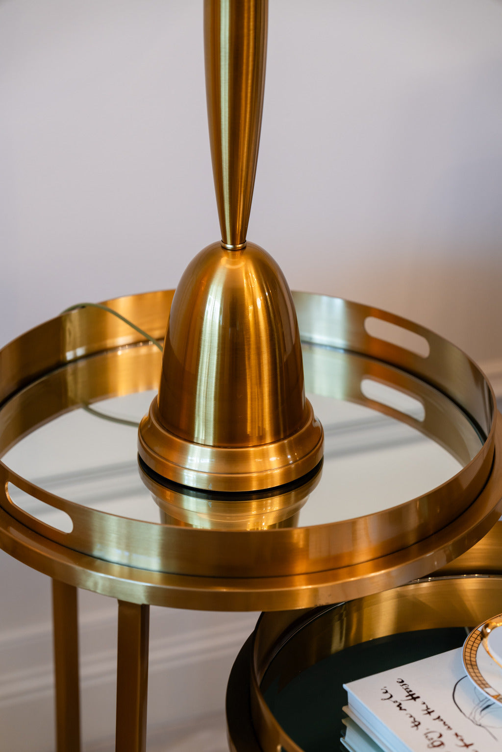 Gold table lamp, tempered glass, glass table, table set