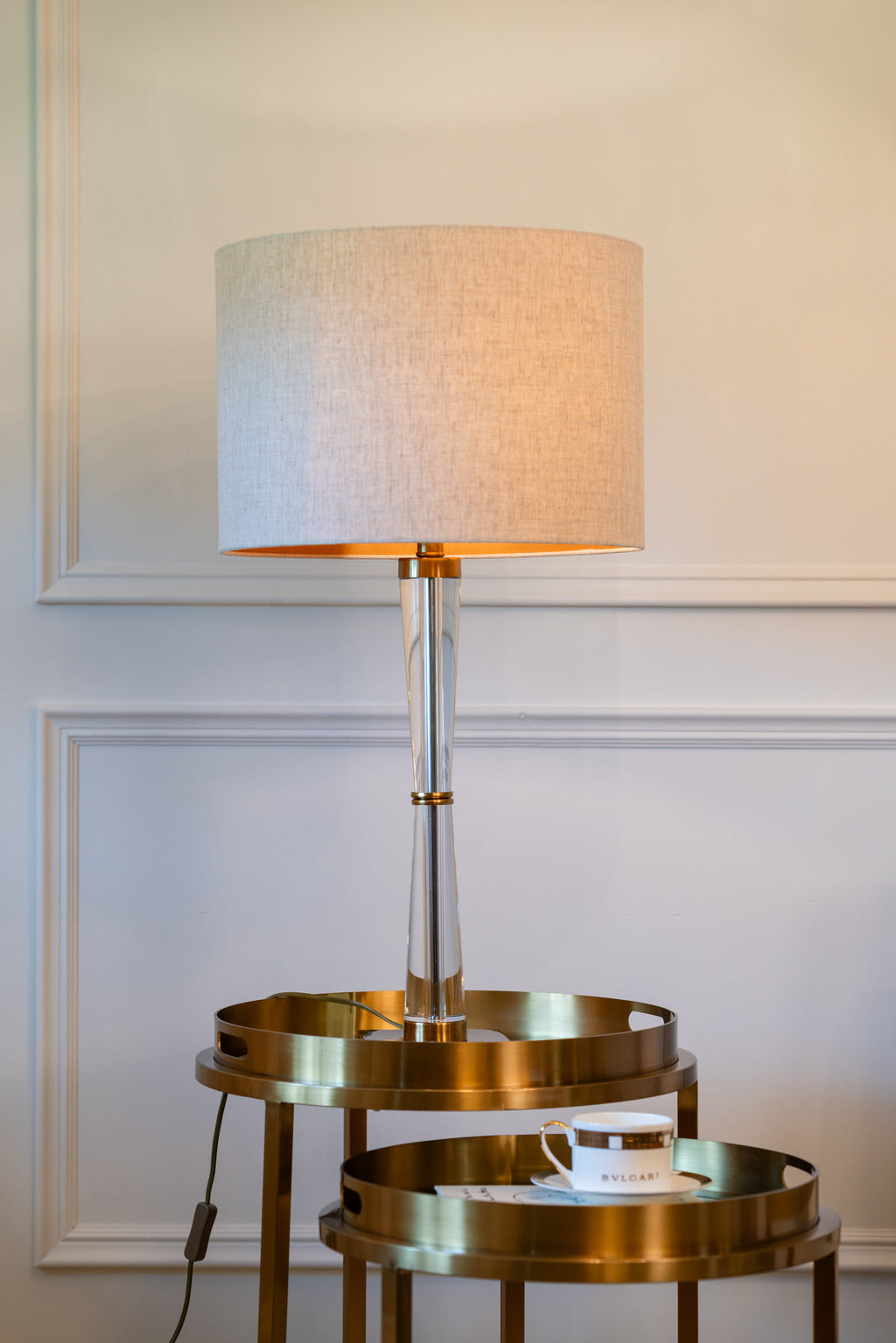 Table set, Gold, tempered glass table, Furniture, crystal lamp, table lamp