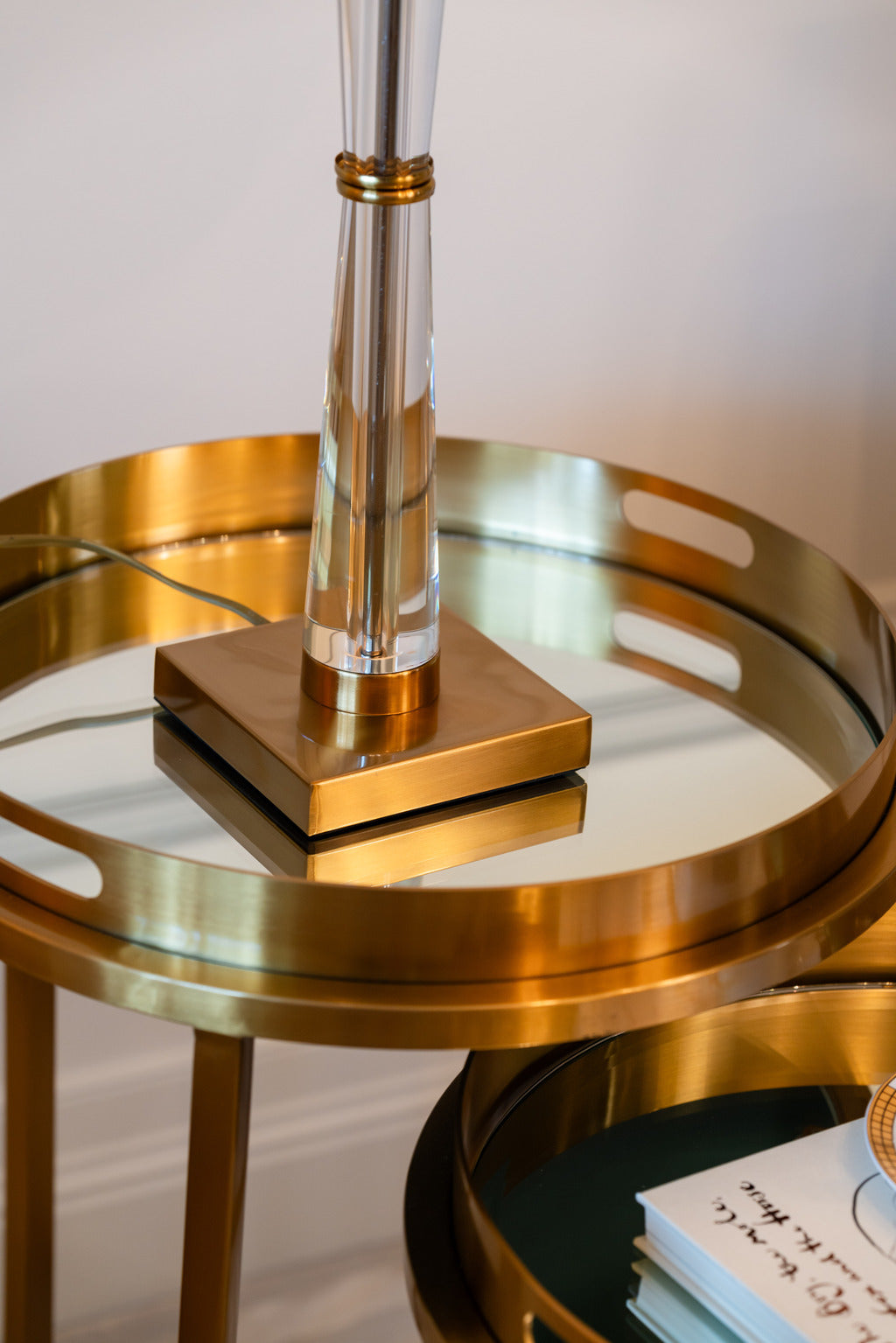Table set, Gold, tempered glass table, Furniture, crystal lamp, table lamp