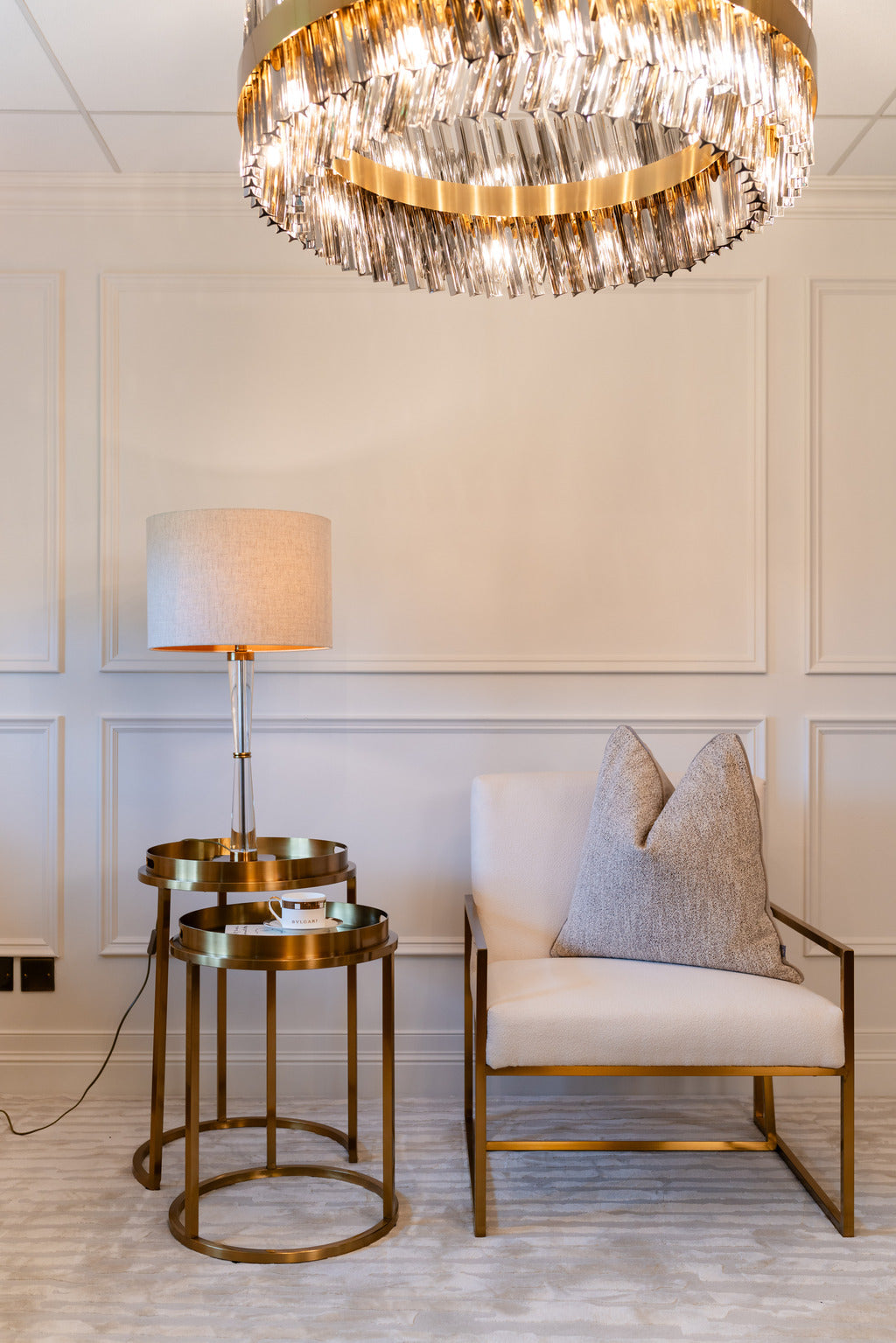 Table set, Gold, tempered glass table, Furniture, crystal lamp, table lamp, Side table