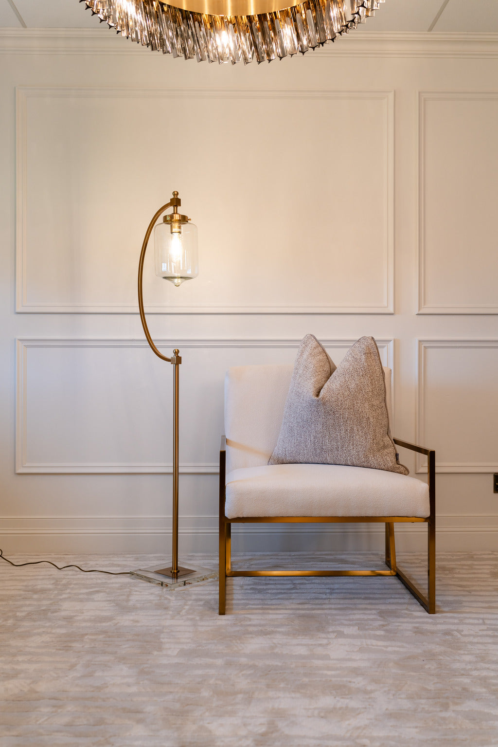 Floor lamps, Gold lamp, gold chair, Interiors  