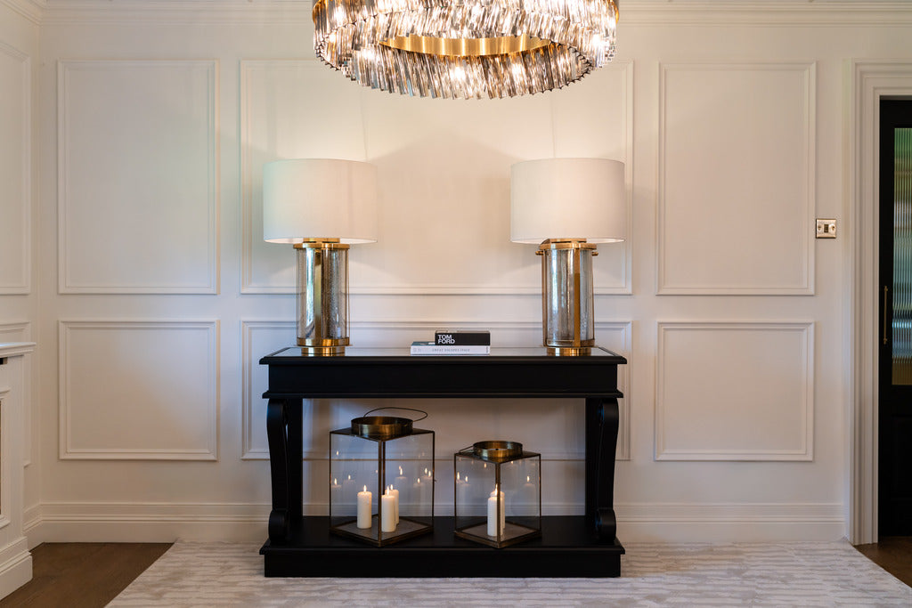 Black furniture, black console table, Indoor furniture, large lamps, Lighting, Gold lamps
