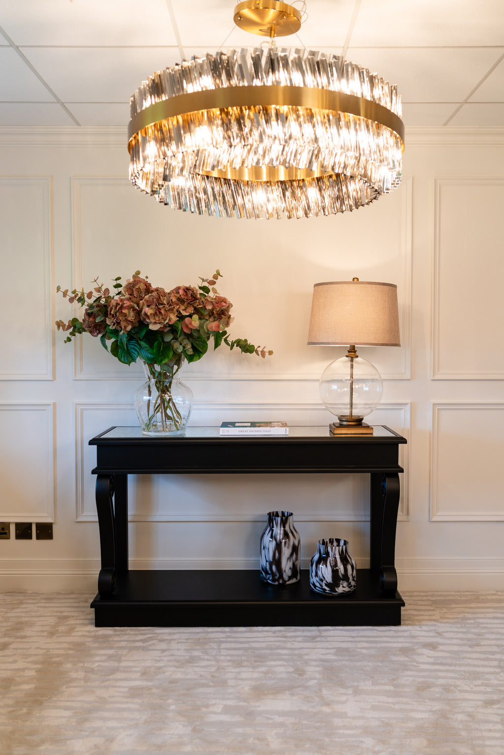 Console table, black console table, large console table, black furniture, indoor furniture, Table, Home decor, lighting, lamps, Statement lamps, gold lamps, gold