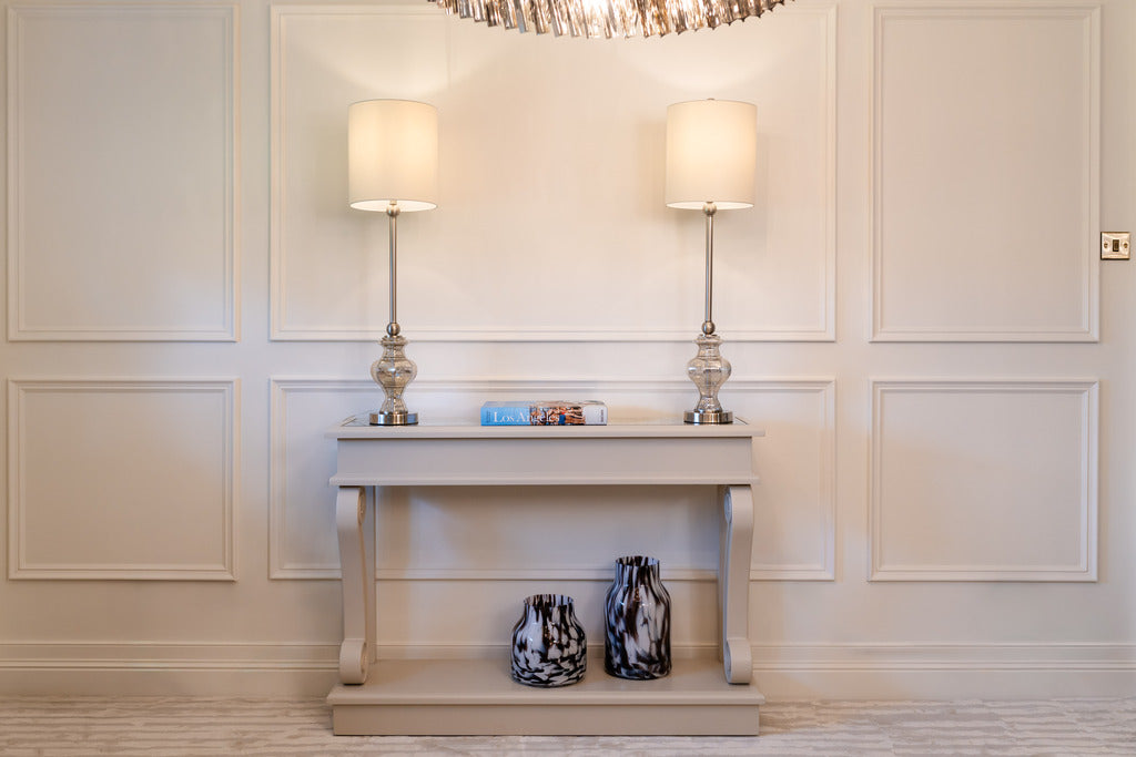 Mink console table, large console table, small console table, console, silver lamps, statement lamps, large lamps, lighting, furniture