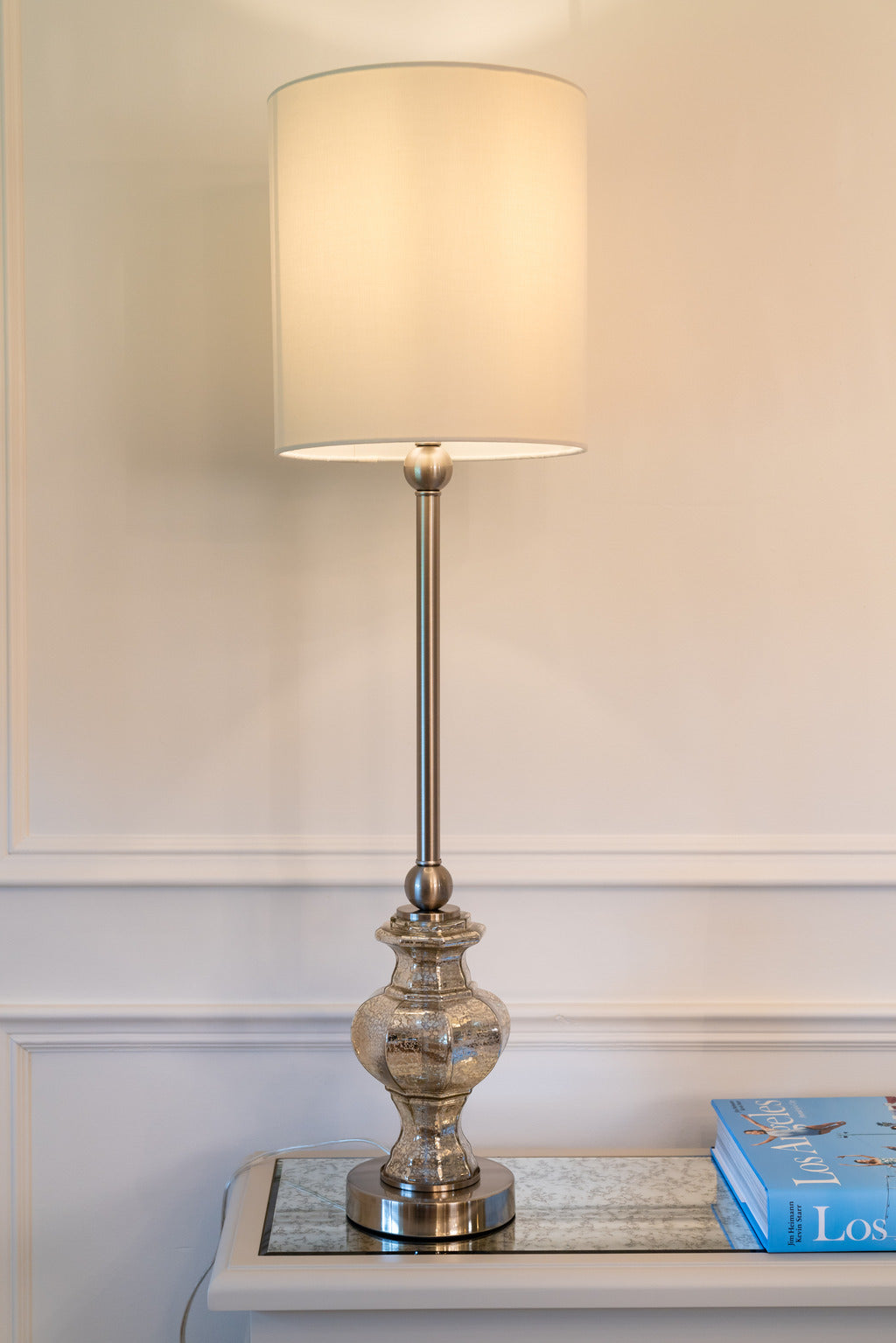Fancy lamp, white lampshade, silver, table lamp