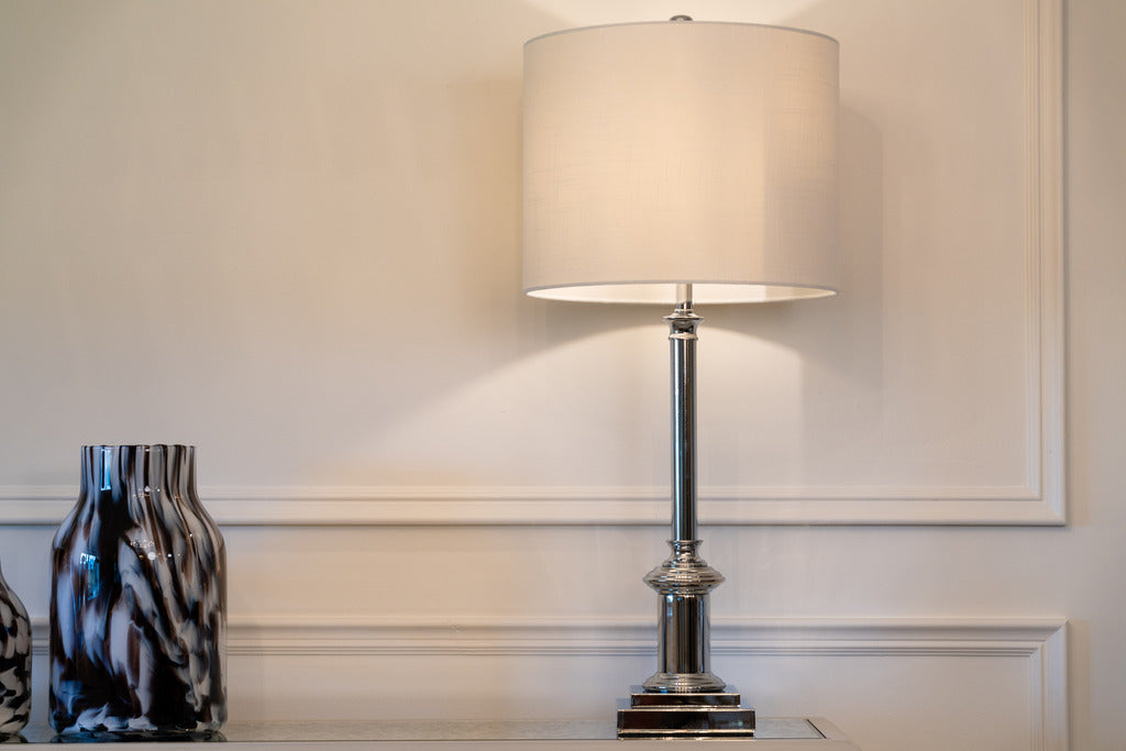 Silver lamp, Silver table lamp, Table lamp, white lampshade, Furniture, lighting, Home decor