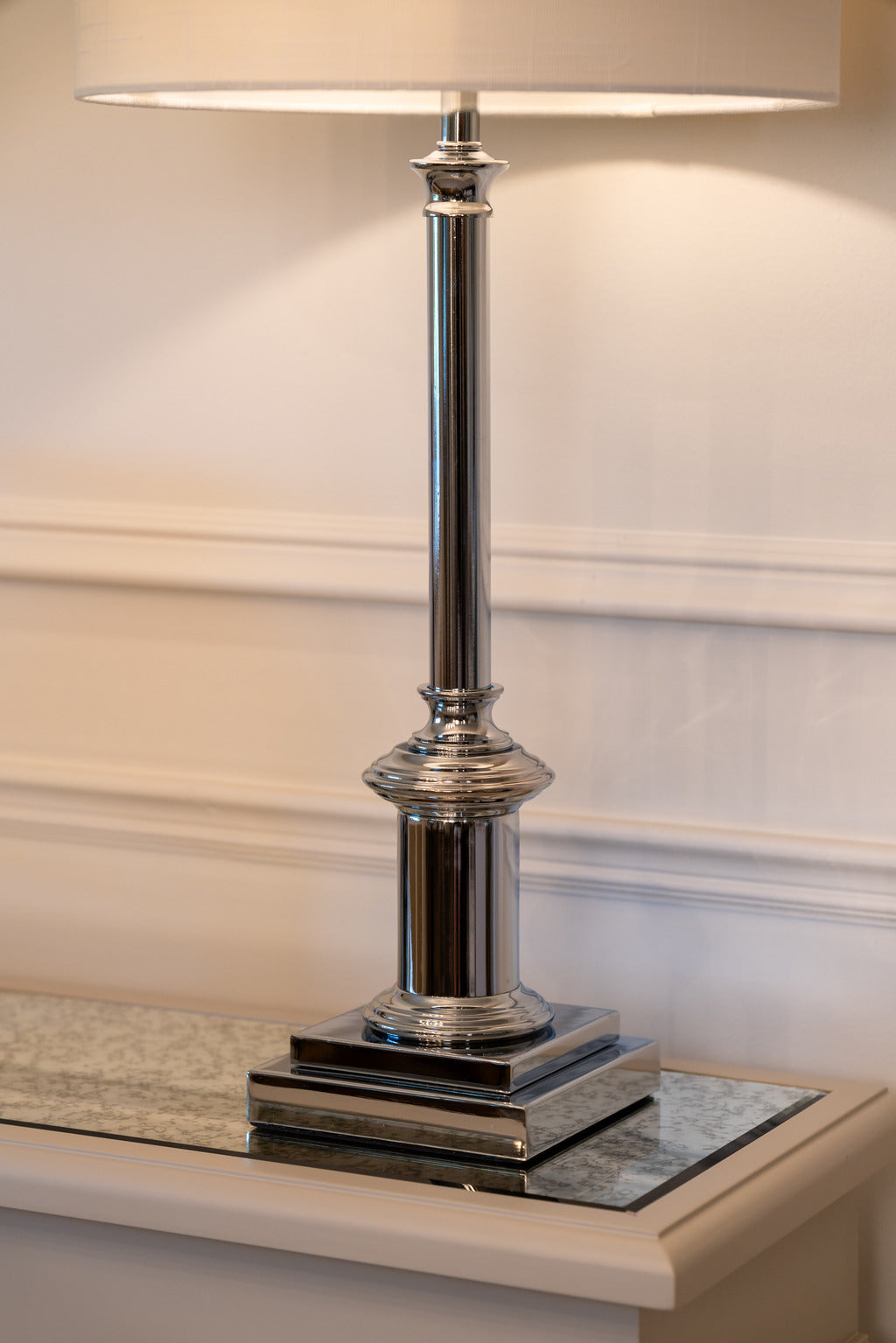 Silver lamp, Silver table lamp, Table lamp, white lampshade, Furniture, lighting, Home decor