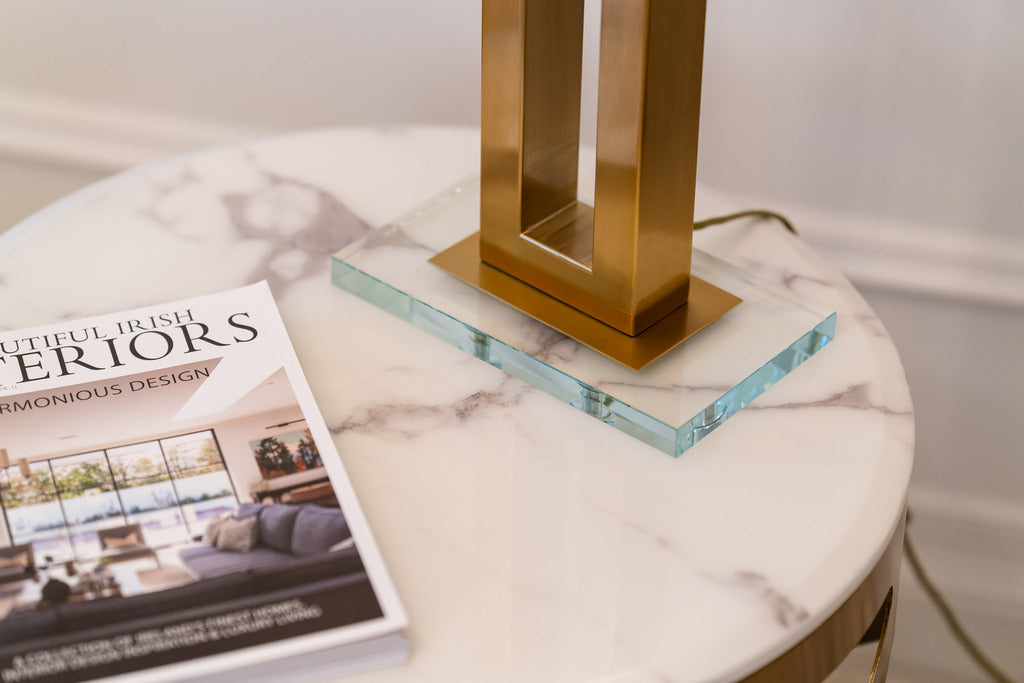 Gold lamps, lighting, marble table, statement lamps