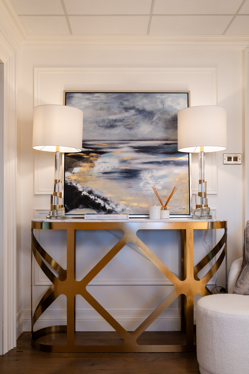 Gold furniture, Gold console Table, Console table, Gold and crystal lamps