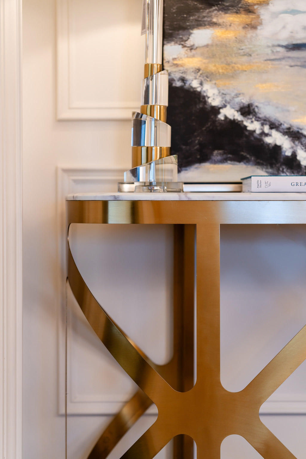 Gold lighting, furniture, lamps, console table, gold table